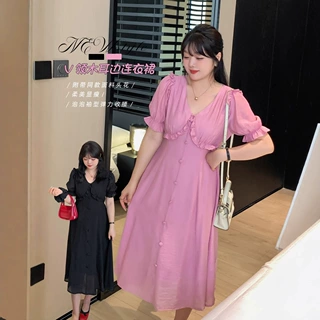 xhk2445夏季新款仙女连衣裙胖妹妹木耳边大码女装赠送同色系发圈