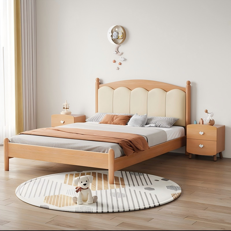 Beech Wood 1.2 Single Bed, All Solid Wood Children's Bed, 1.5m Wood Wax Oil Modern Minimalist Bed, Splicing Bed, Adjustable Height