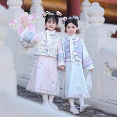 新しい子供の春秋の格の清朝の宮廷服の2024国風の刺繍の女の子の漢服の時代のチャイナドレスのスーツ