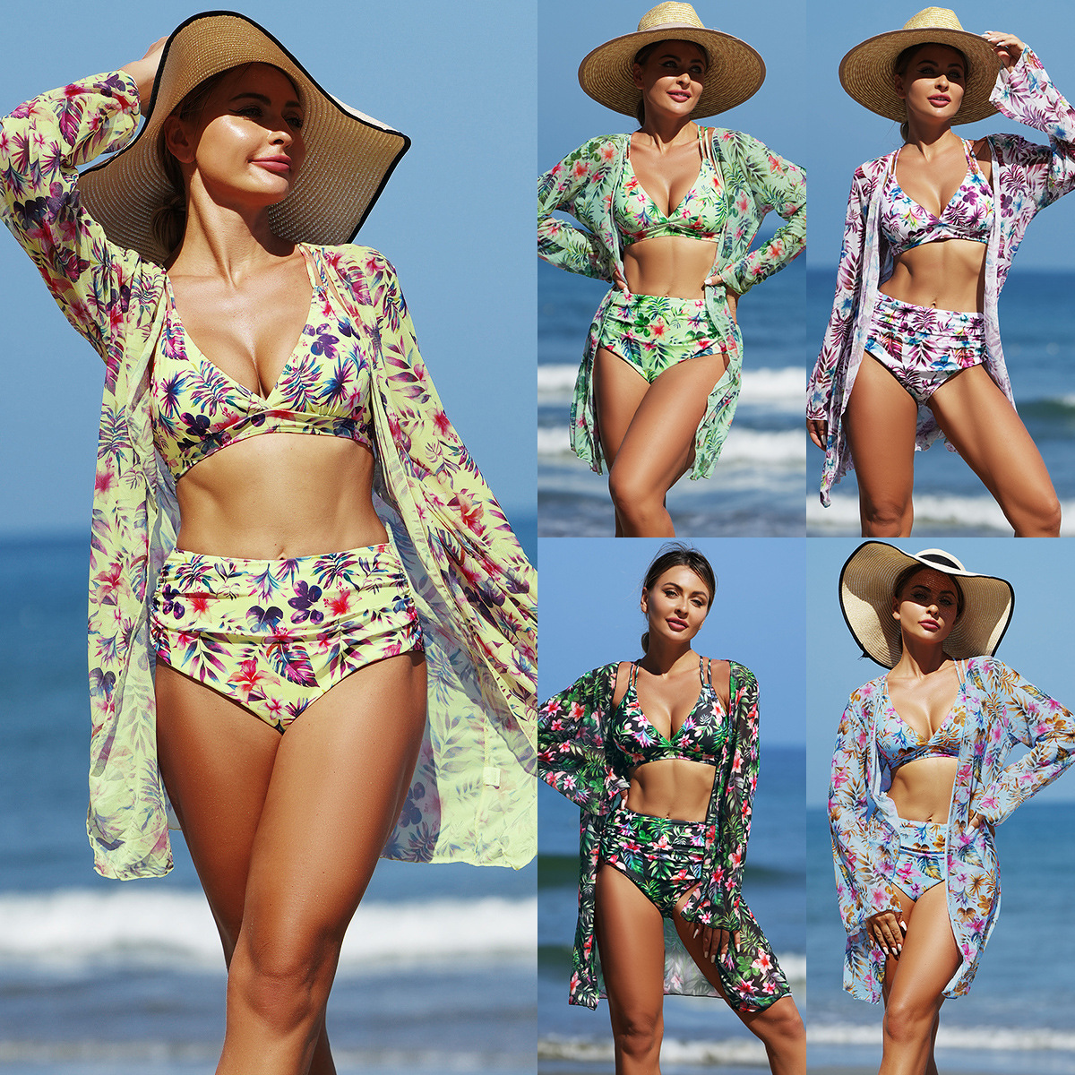 El nuevo estilo de moda europea y americana sexy trajes de baño de damas bikini de tres piezas con impresión multicolor de baño de mujer