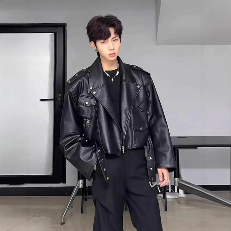 Short Leather Jacket for Men, Spring and Autumn, American Retro Style, Cool Biker Jacket, Deconstructed Rivet Motorcycle Riding Jacket Short Leather Jacket for Men, Spring and Autumn, American Retro Style, Cool Biker Jacket, Deconstructed Rivet Motorcycle Riding Jacket