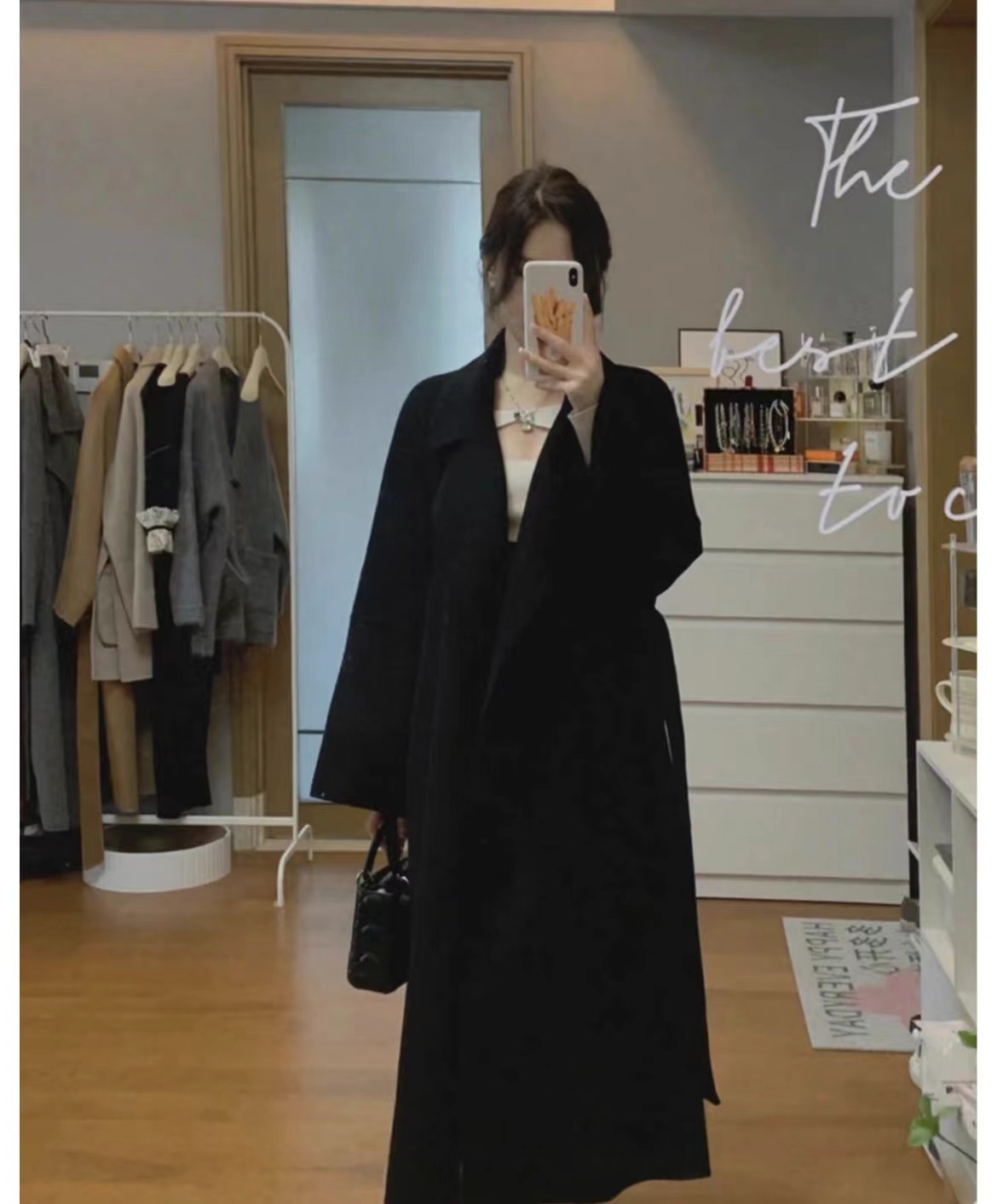 オフホワイトの両面カシミヤコート レディース 秋冬 2025年新作 冬 高級感 ミドル丈 韓国風 ウールコート