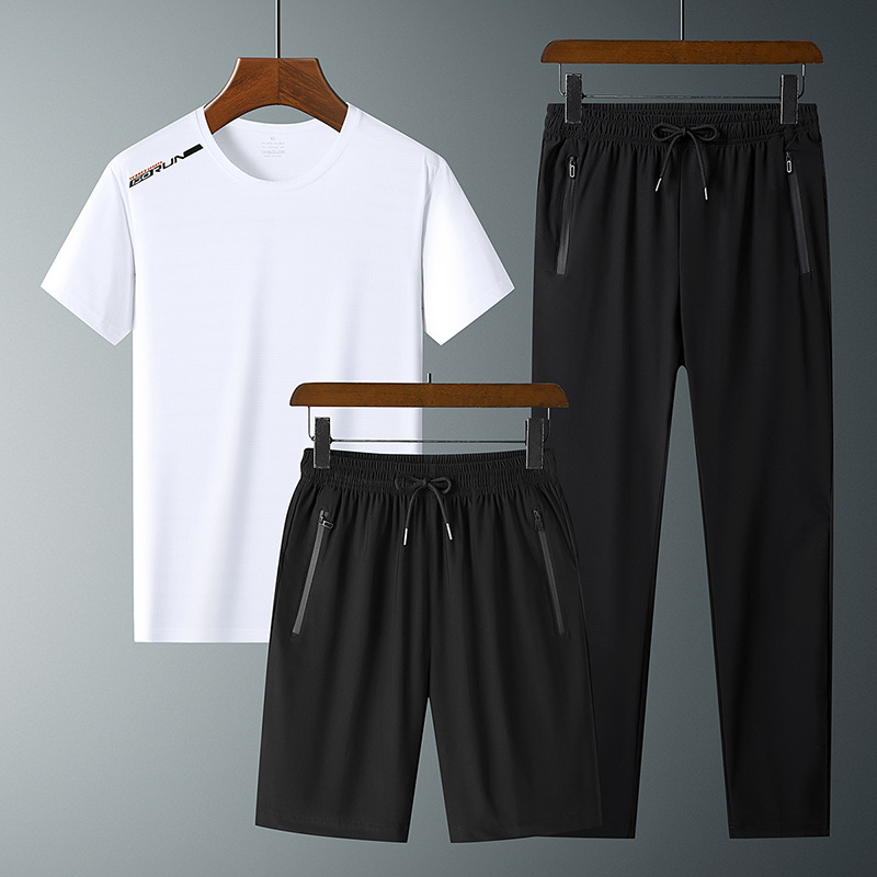 Ropa de verano de secado rápido traje de manga corta deportiva para hombres talla grande Camiseta de seda de hielo pantalones de estudiante traje de tres piezas