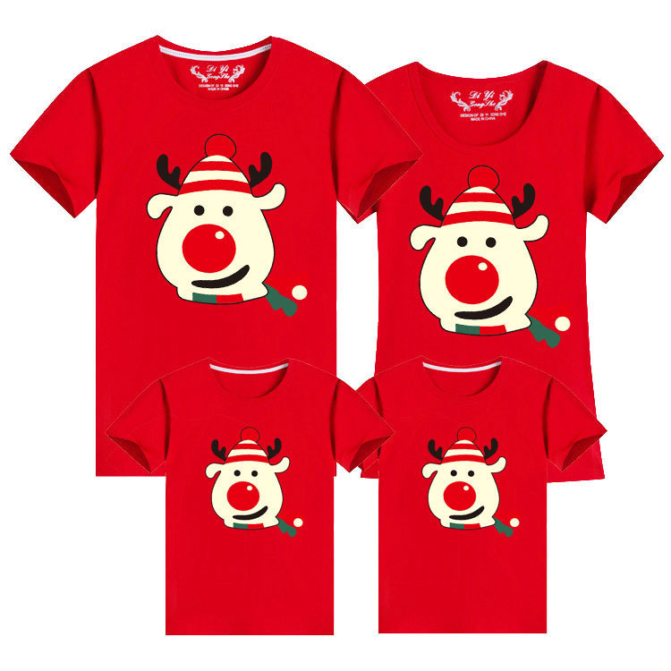 Christmas Deer's Head Short-sleeved Cotton Parent-child Clothes Christmas Costume T-shirt Loose Large Size Spring Festival Cute Deer's Head Shirt for Women
