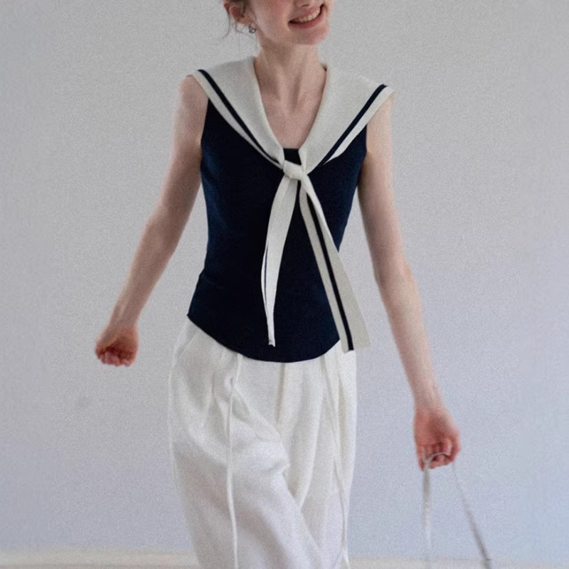 [Ready Stock] Navy Collar Tie Slim Fit Knitted Vest for Women, Summer Korean Style Slimming Sweet Sleeveless Top