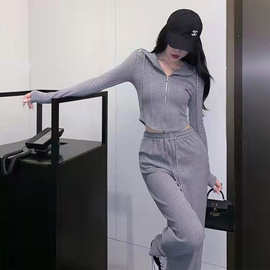 开衫卫衣女外套2023春装新款休闲卫裤两件套高级感气质套装