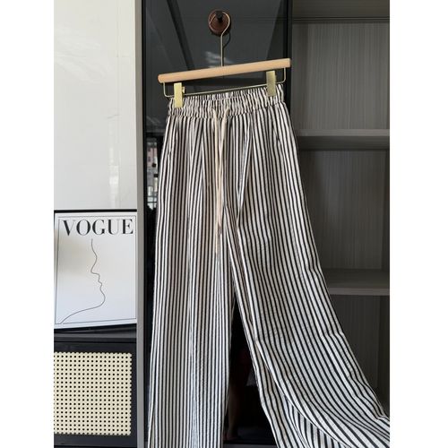 Korean-style relaxed-fit striped casual pants with elastic waistband—summer, slimming, versatile, and featuring a lightweight, straight-leg, wide-leg design for women.