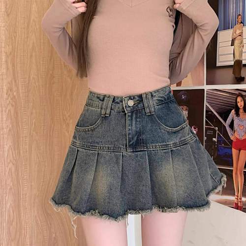 Vintage Frayed Denim Half-Body Skirt for Women - Summer Washed Distressed Design High-Waisted Hip-Hiding Skirt with Pleated Short Length