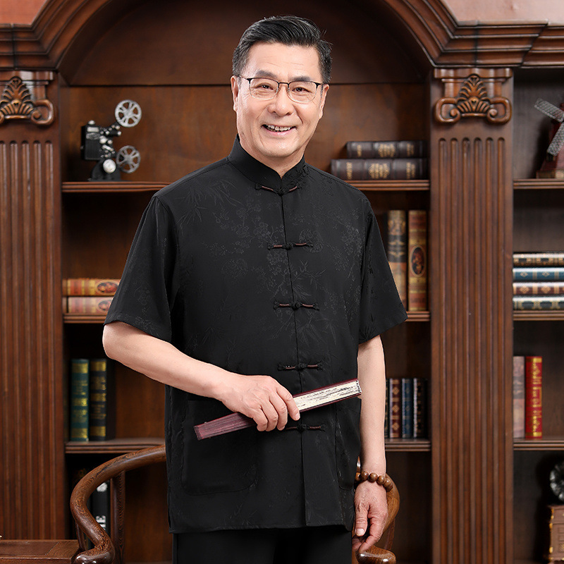 中老年男士唐装套装提花立领盘扣两件套爸爸装日常休闲太极服