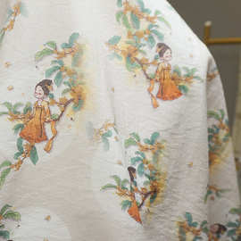 金桂小唐人复古锦棉子母条新中式印花布料单丝麻旗袍透气汉服面料