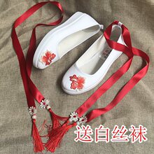 古风鞋子女汉服配饰鞋cos改良帆布坡跟绑带舞蹈绣花鞋百搭学生鞋