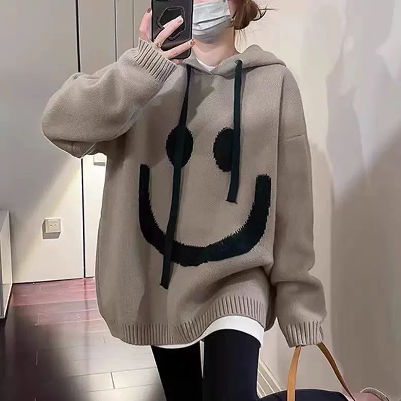 慵懒风秋冬季新款笑脸连帽毛衣宽松休闲小众针织衫外套女设计感