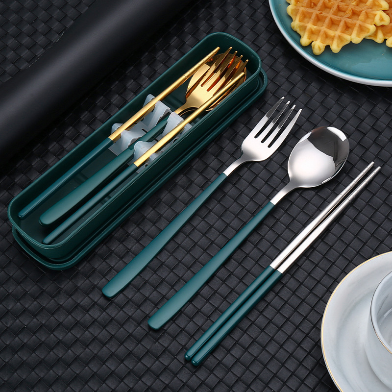 Korean Style 304 Stainless Steel Portable Tableware Three-piece Set Student Outdoor Company Gift Fork Spoon Chopsticks Set