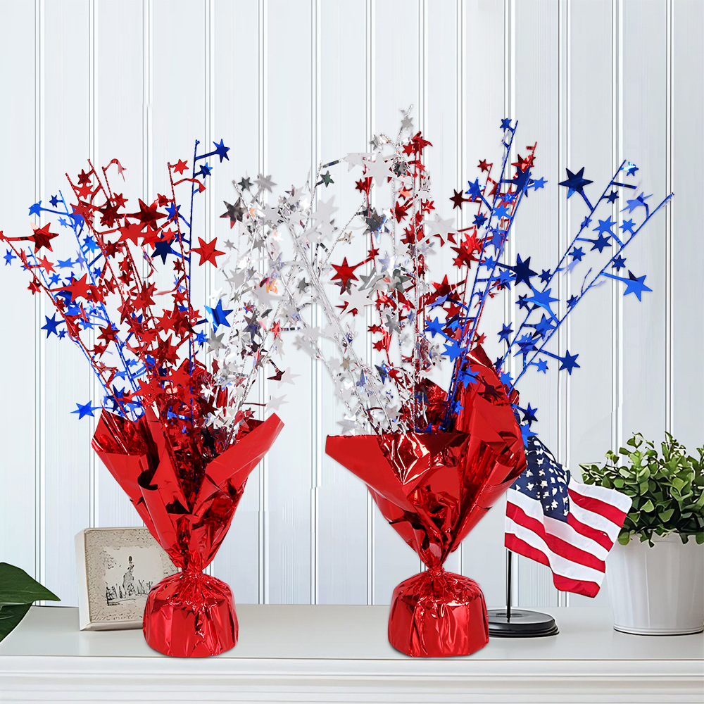 Decoraciones temáticas para la fiesta del Día de la Independencia Americana, guirnalda de estrellas de cinco puntas de alambre metálico rojo, plateado y azul, adornos decorativos para escritorio DIY.