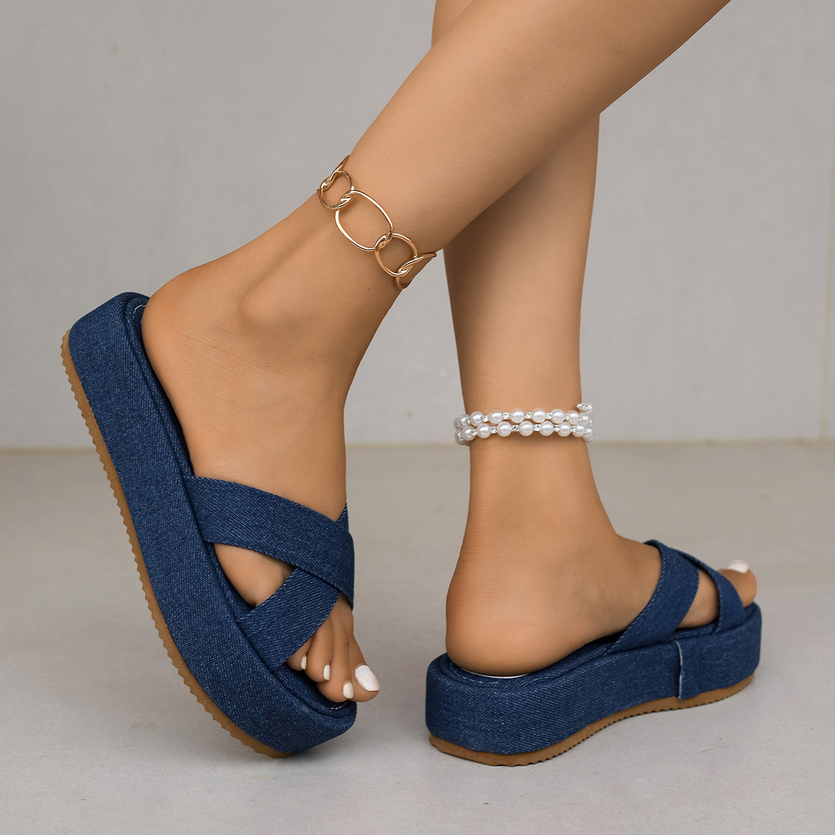 Women's Summer Platform Wedge Sandals plus Size Denim Cross Strap Footwear for Wide Feet_vogvips.com