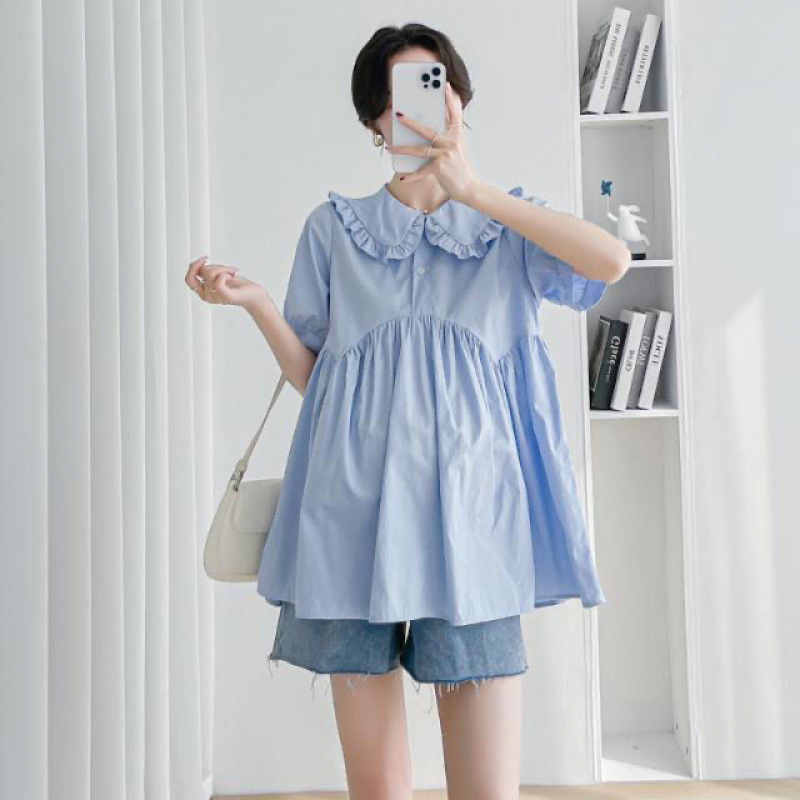 Maternity Fashion New Summer Solid Color Short Sleeve Lel Doll Collar Shirt Slim Belly Covering Korean Style Elegant Top