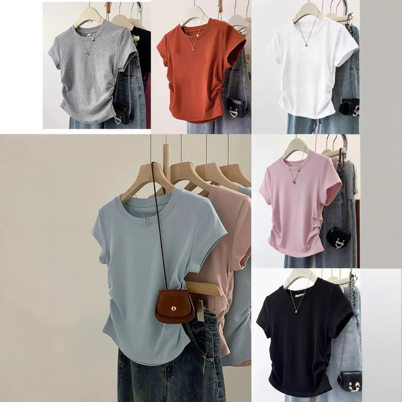 Round Neck, Regular Shoulder, Short-Sleeve Women's T-Shirt, 2026 Summer New Design, Slim-Fit Pullover, Pleated Versatile Short Base Top