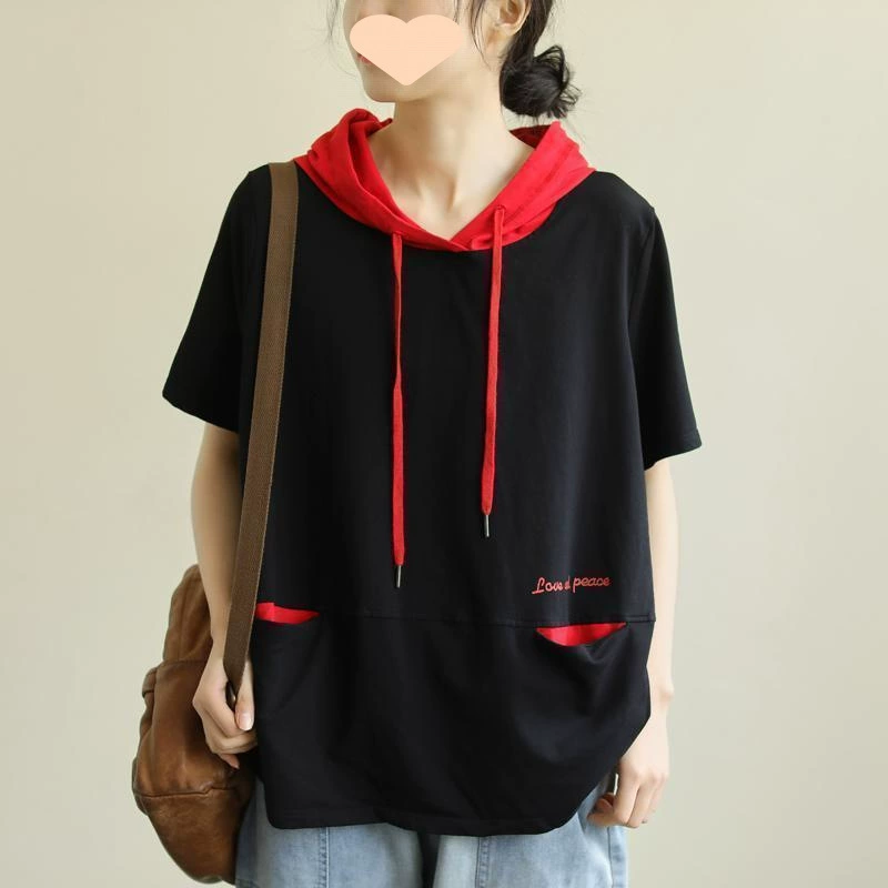 10 хлопковых летних новых женских рубашек с короткими рукавами, толстовка с капюшоном в толстом стиле, топы для похудения большого размера