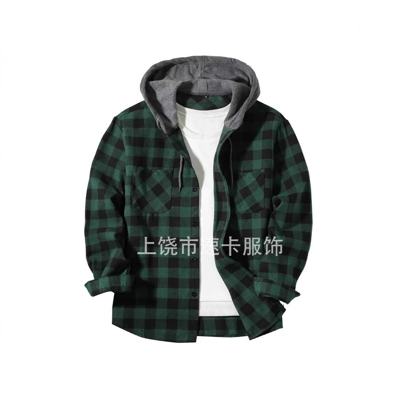 New Cross-border Plaid Hooded Shirt Amazon Velvet Plaid Hooded Shirt European and American Size Double Pocket