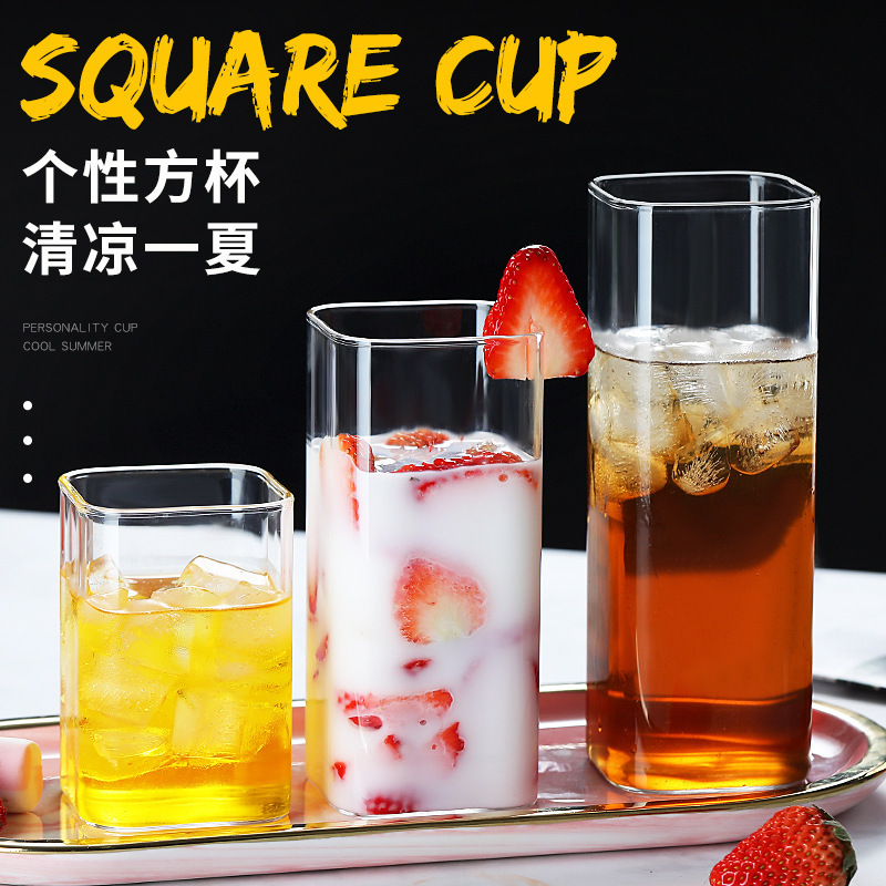 四方形玻璃牛奶早餐杯 高硼硅玻璃果汁饮料杯 家用透明玻璃单层杯