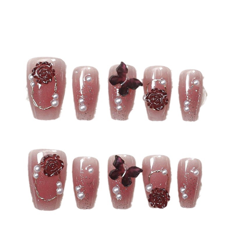 10 piezas de taladro de uñas hechas a mano, uñas medianas y largas, color rojo vino, sensación blanca de alto nivel, parche de uñas hechas a mano, uñas falsas