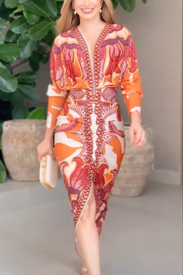 Maxi Long Dress Dress Length Type Wholesale Women's Casual Elegant Streetwear Printing Holiday Banquet Selfie V Neck Long Sleeve One-Step Skirt