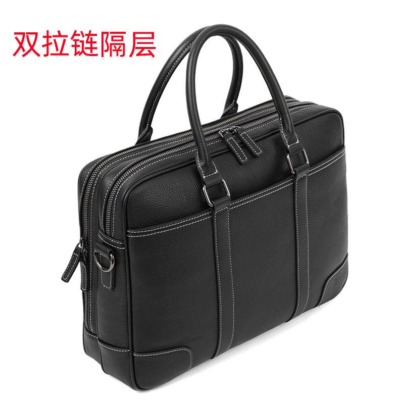 Cặp công sở da bò lớp đầu khóa kéo đôi, túi xách tay nam đựng laptop 14 inch dung lượng lớn, có dây đeo vai 38×11×28 cm — đen