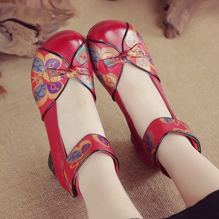 Spring New Style Top-layer Cowhide Low-heel Soft-soled Women's Shoes Ethnic-style Genuine Leather Printed Shoes Casual Comfortable Moms Shoes