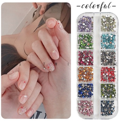 Nail Drill Jewelry wholesale Color diamond 12-color Storage box-packed Wearing Mixed pack 2.3mm Small flat bottom drill