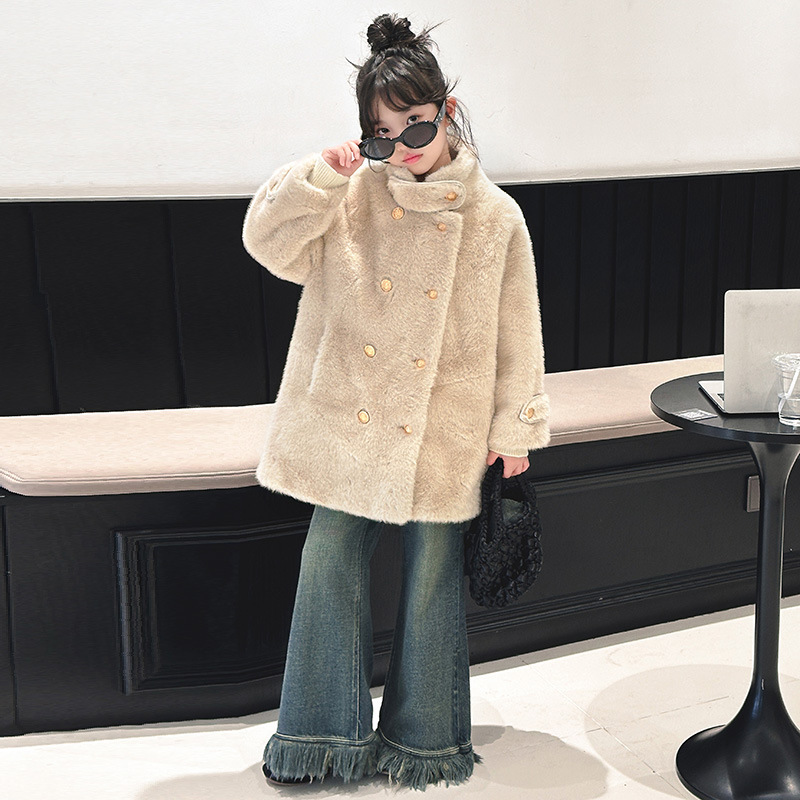 소녀의 모조 모피 잔디 토끼 밍크 양털 코트 가을과 겨울 소녀의 세련된 따뜻한 모피 하나의 긴 한국 스타일 코트