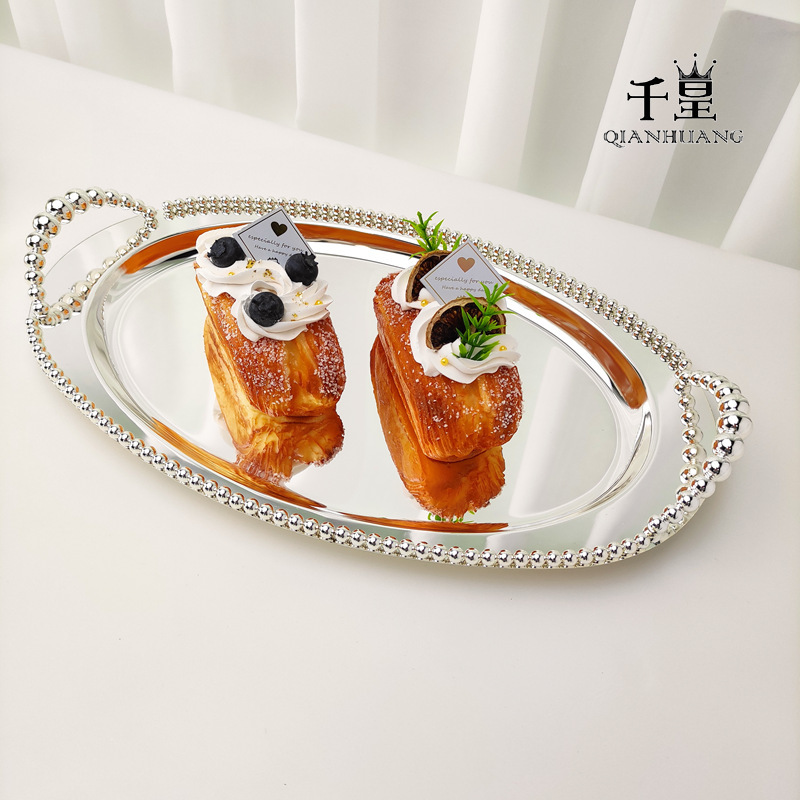 3095 European-style Beaded Metal Silver Plated Tray Decorative Plate Fruit Cake Plate Baking Wedding Party Decoration Supplies