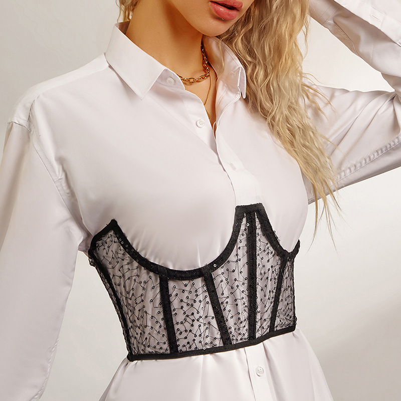 Top Corto Ajustado con Anillo de Acero en la Cintura, Estilo Urbano, con Malla, Lazos y Lentejuelas, Moldeador de Cintura Sexy