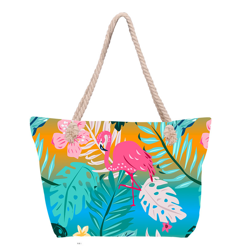 Bolso de playa impreso para mujer de venta caliente transfronterizo Bolso de lona portátil de gran capacidad Bolso de hombro junto al mar Bolso de mano con cuerda de algodón