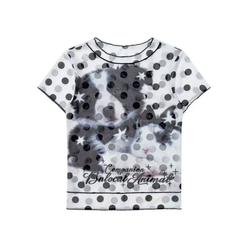 Cartoon Cute Puppy Print Polka Dot Short-Sleeved T-Shirt for Women Summer Slim Fit Fake Two-Piece Mesh Top