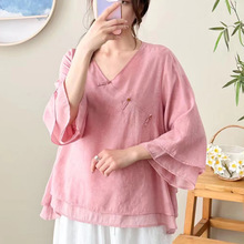 中国风棉麻双层衬衫女中式改良盘扣上衣复古文艺茶服套头