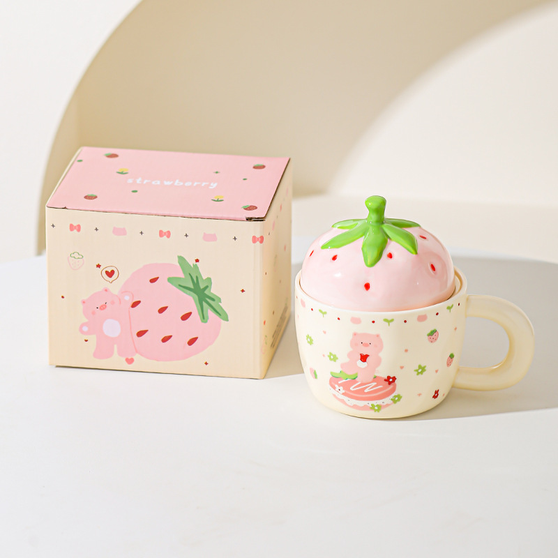 Taza de cerámica de oso de fresa con taza de regalo para chicas taza de marca doméstica de alto valor de pareja taza de desayuno de leche