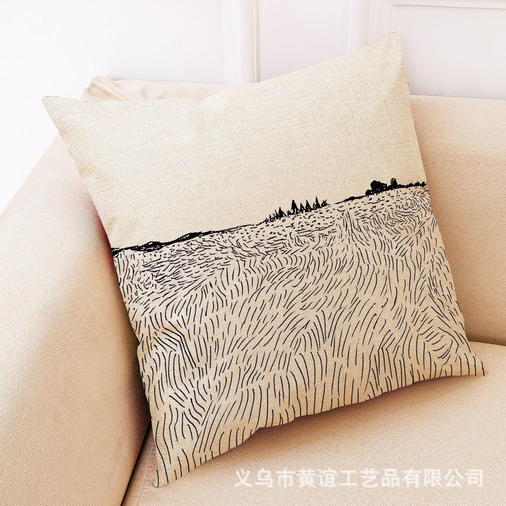 亚马逊新款艺术铅笔画棉麻抱枕套汽车靠垫办公室午睡抱枕厂家直销