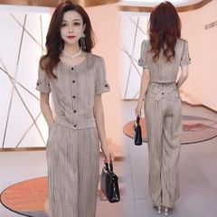 轻奢时尚套装女2025夏季新款洋气显瘦妈妈装气质减龄阔腿裤两件套
