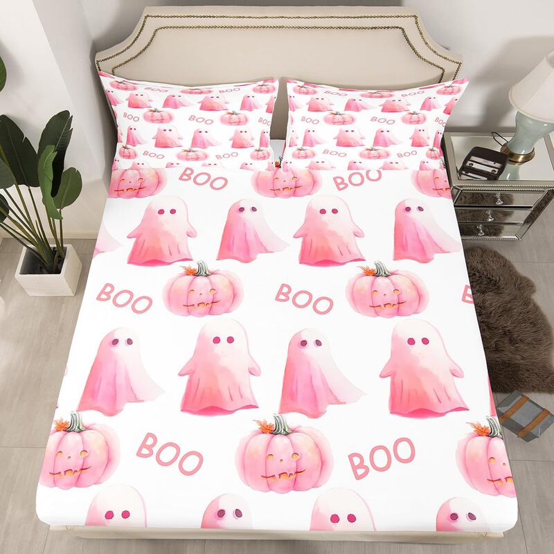 Cross-Border Three-Piece Fitted Sheet Set Pink Pumpkin Series Cute Ghost Fitted Sheet Bedding Set for Adults and Children