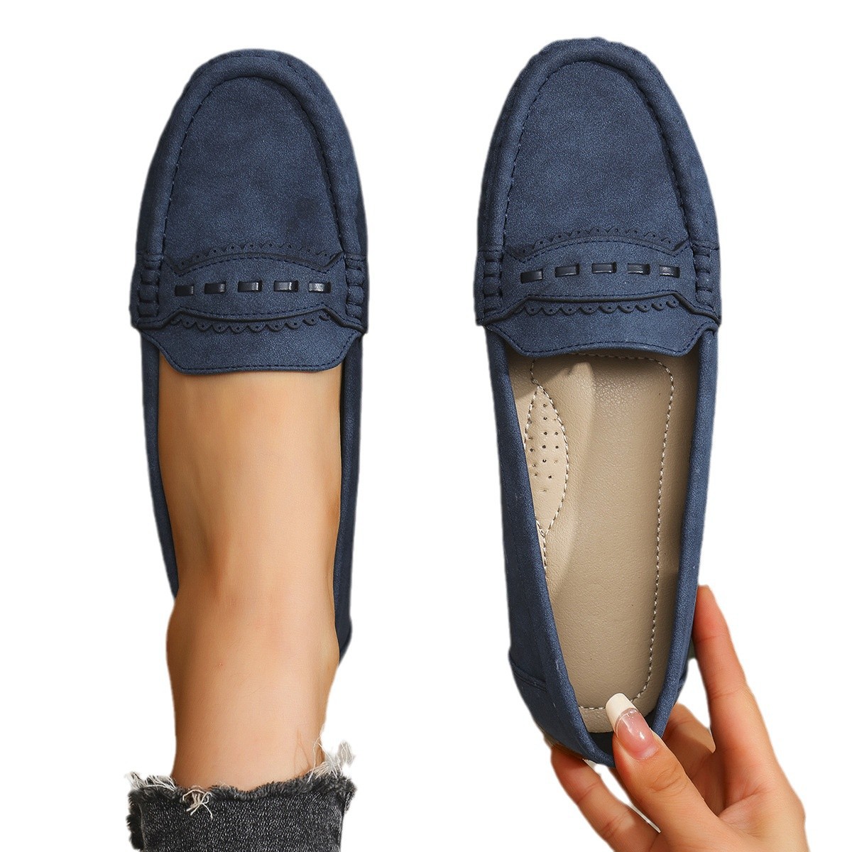 Large Size Popular Export Stitched Laser-Cut Women's Flat Loafers Cross-Border E-Commerce Supply Comfortable Versatile Retro Style