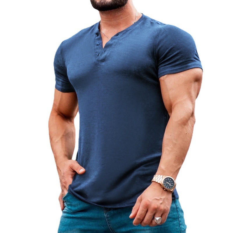 2024 New Summer Casual Solid Short Sleeve Round Neck Pullover Button Henley T-shirt for Men_vogarts.com