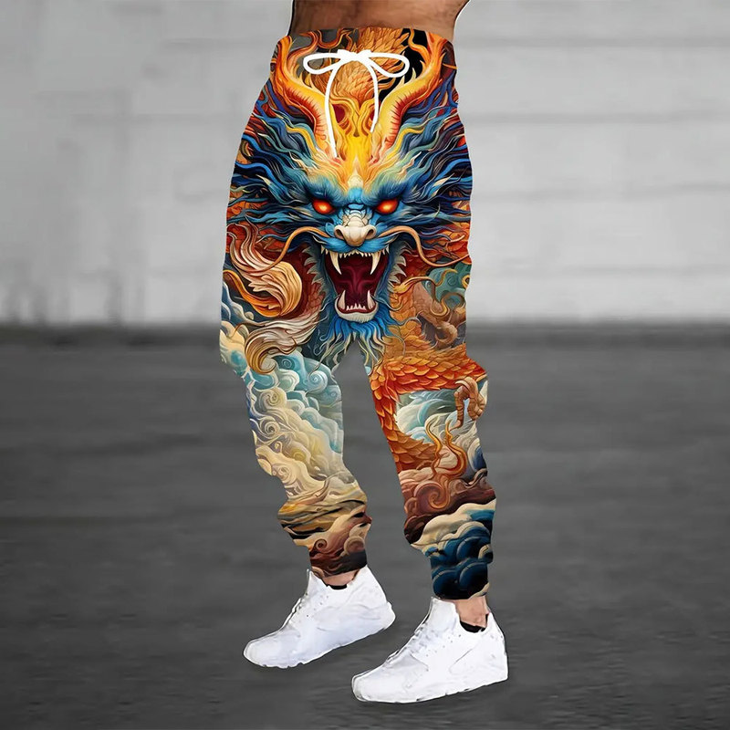 2025 New Fashion 3D Dragon Full Body Print Sports Pants Spring Pants Men's Loose Casual Pocket drawstring