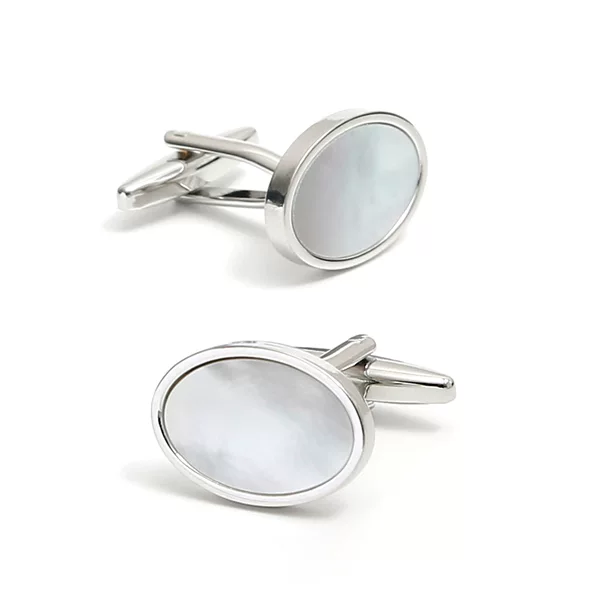 Light Luxury Jewelry, Cross-Border Hot-Selling Simple Oval Shell-Inlaid Silver Men's Cufflinks, 1 Pair Ready for Delivery