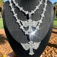 Hiphop时尚潮流新品翅膀十字架锆石吊坠项链tennis chain男士项链