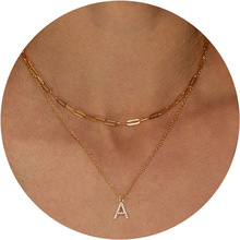 时尚百搭26字母双层叠戴项链 铜镶锆石字母吊坠锁骨链不锈钢项饰