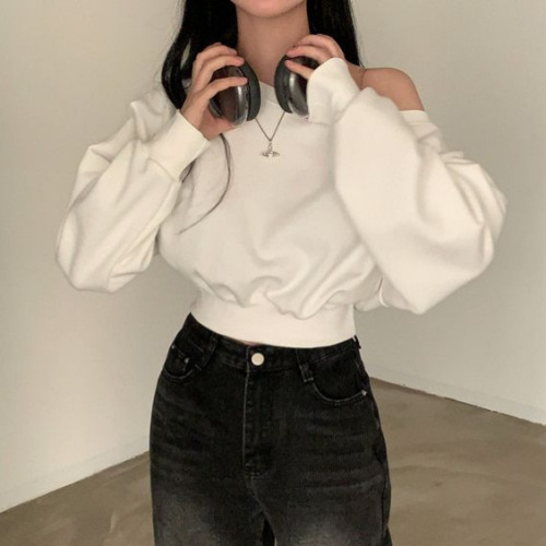 Chic temperament sexy pure desire one-shoulder shoulderless short-sleeved sweater women loose versatile long-sleeved solid color sweater women's fashion 