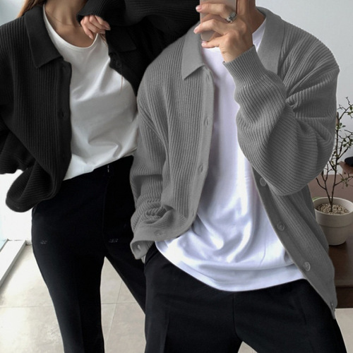 Men's High-End Knit Cardigan Jacket, Spring and Autumn Korean Version, Trendy Casual Collar Woolen Coat in Navy Blue