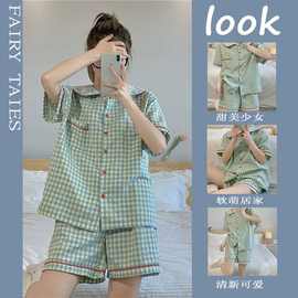 睡衣女夏季纯棉短袖2023年新款网红甜美格子少女可外穿家居服套装