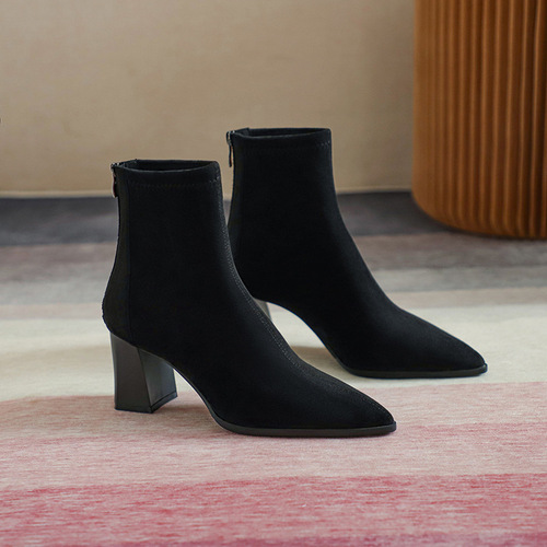 Women's pointed toe short boots, women's high heels, French nude boots, slim boots, suede winter women's shoes, simple low boots