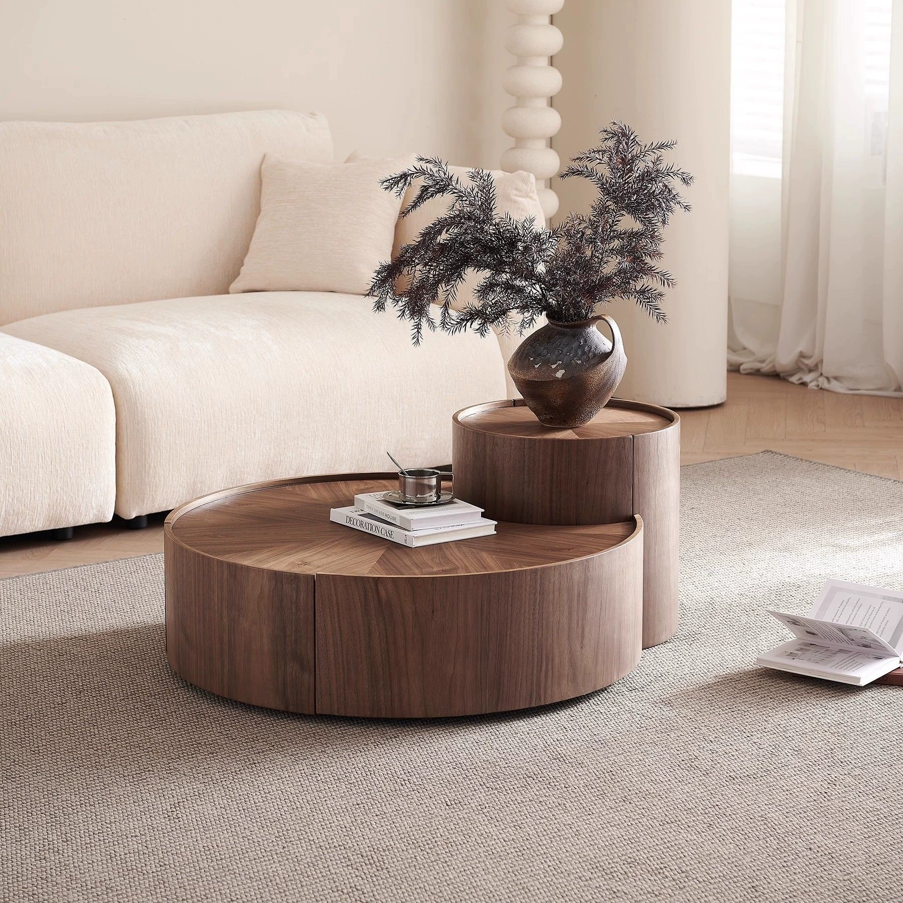 Новый китайский стиль, легкая роскошь, круглый кофейный столик из ореха, дизайнерский креативный набор для гостиной, домашний стиль ваби-саби